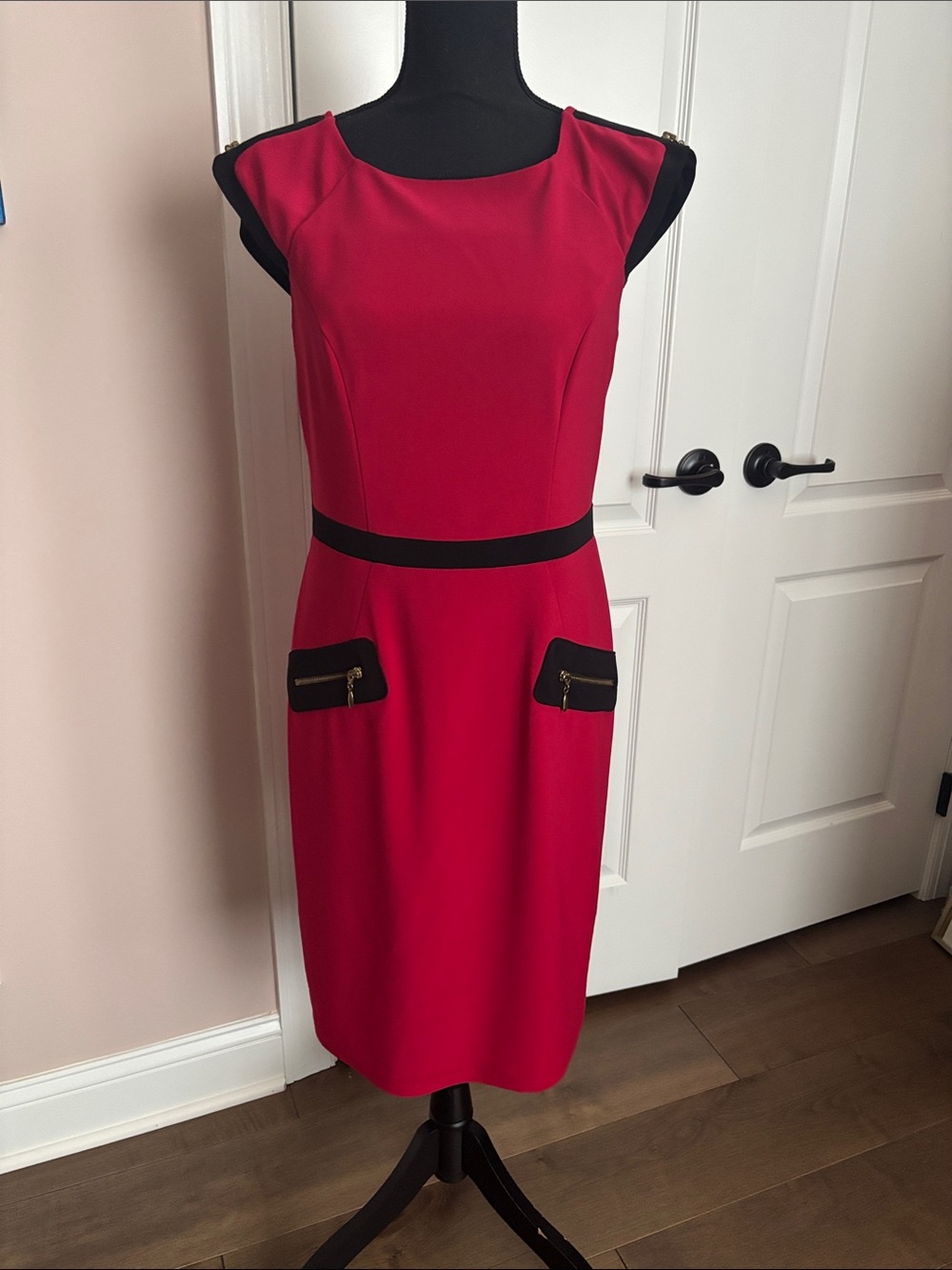 Joseph Ribcoff Red Sheath Dress with Black Accents - size 8. EUC